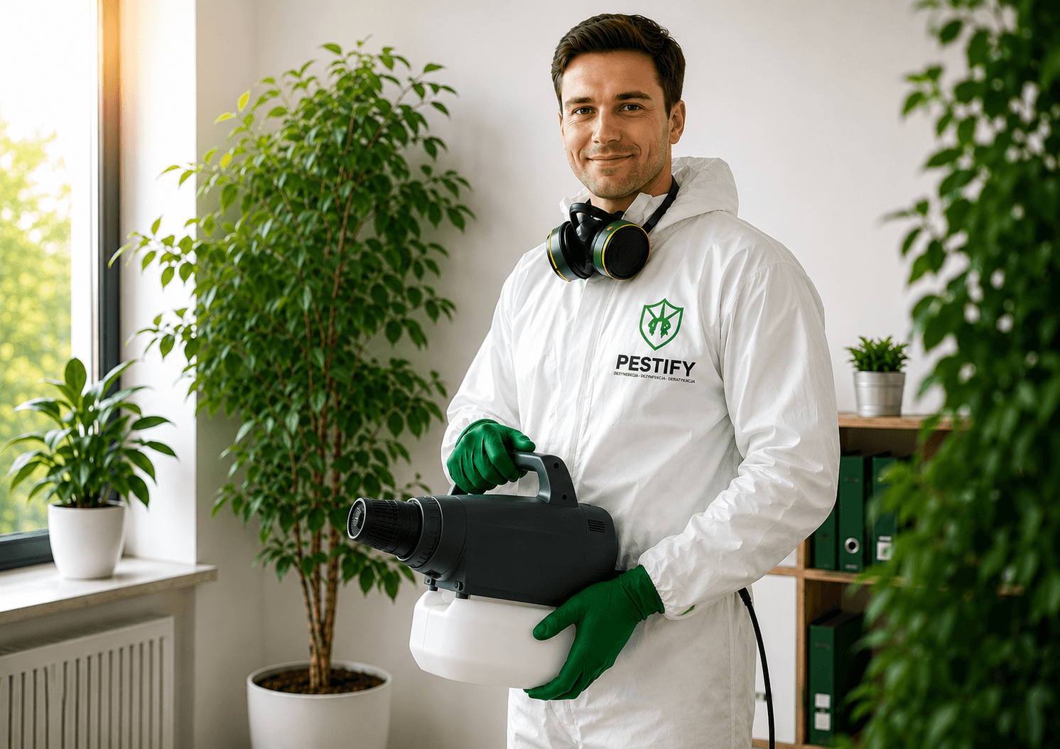 Technik Pestify w kombinezonie ochronnym wykonujący zabieg dezynsekcji